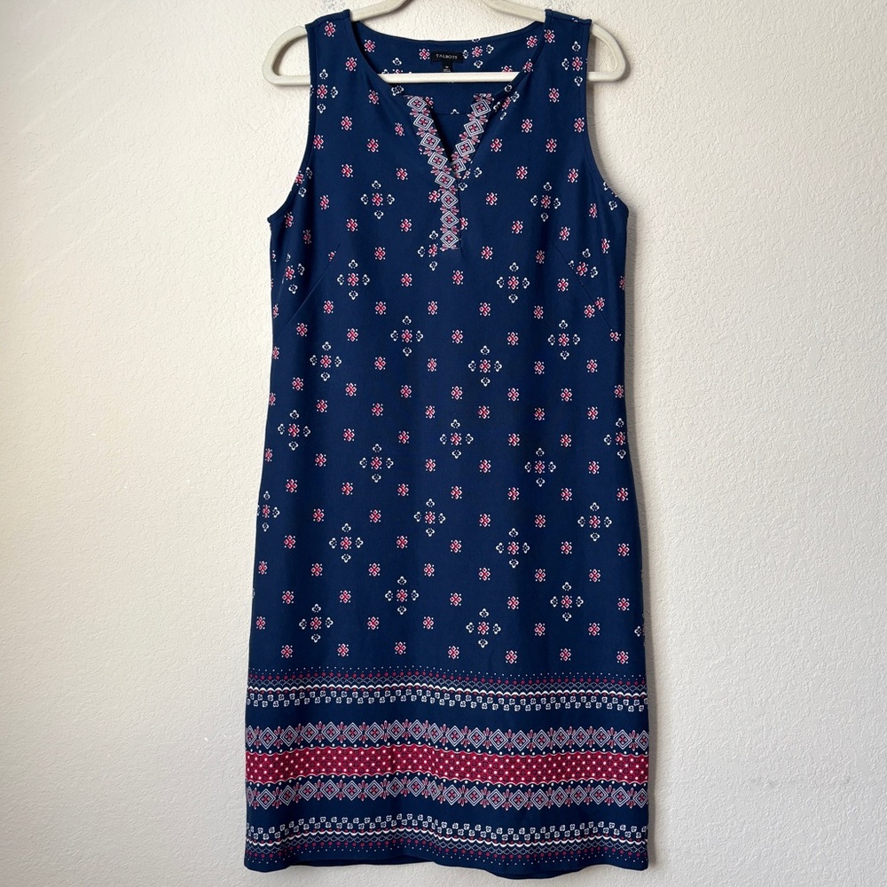 Talbots Printed Split Neck Cotton Shift Dress - image 1